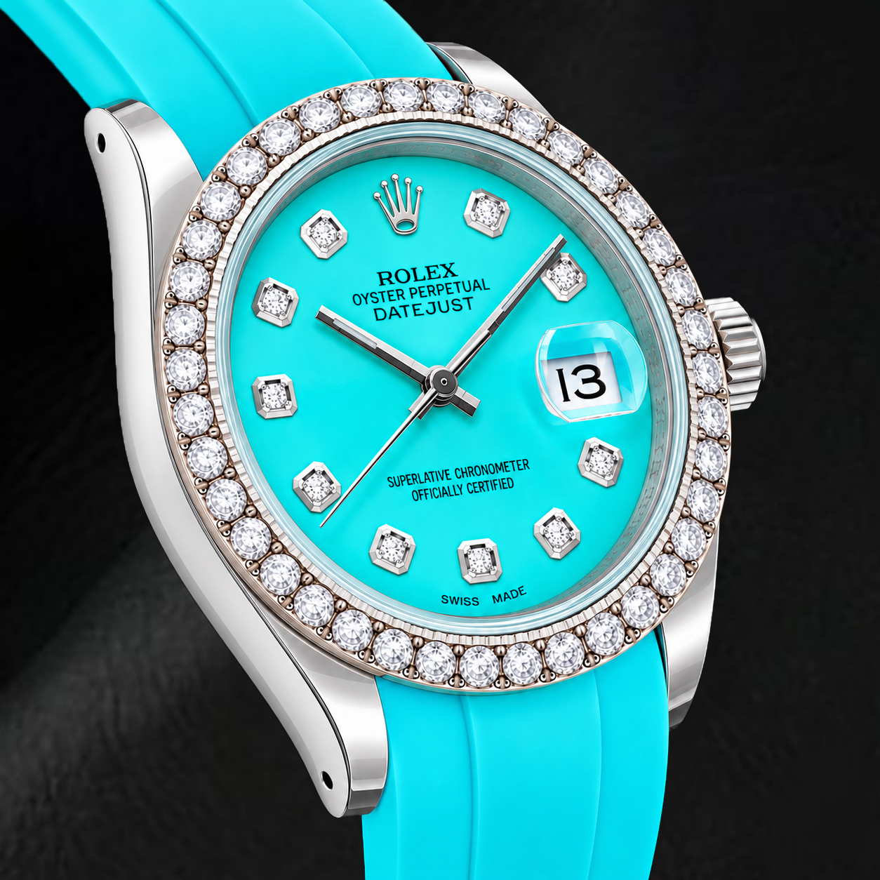 Rolex Datejust 16014 36 mm Türkisfarbenes Diamantzifferblatt Blaues Kautschukarmband Uhr
