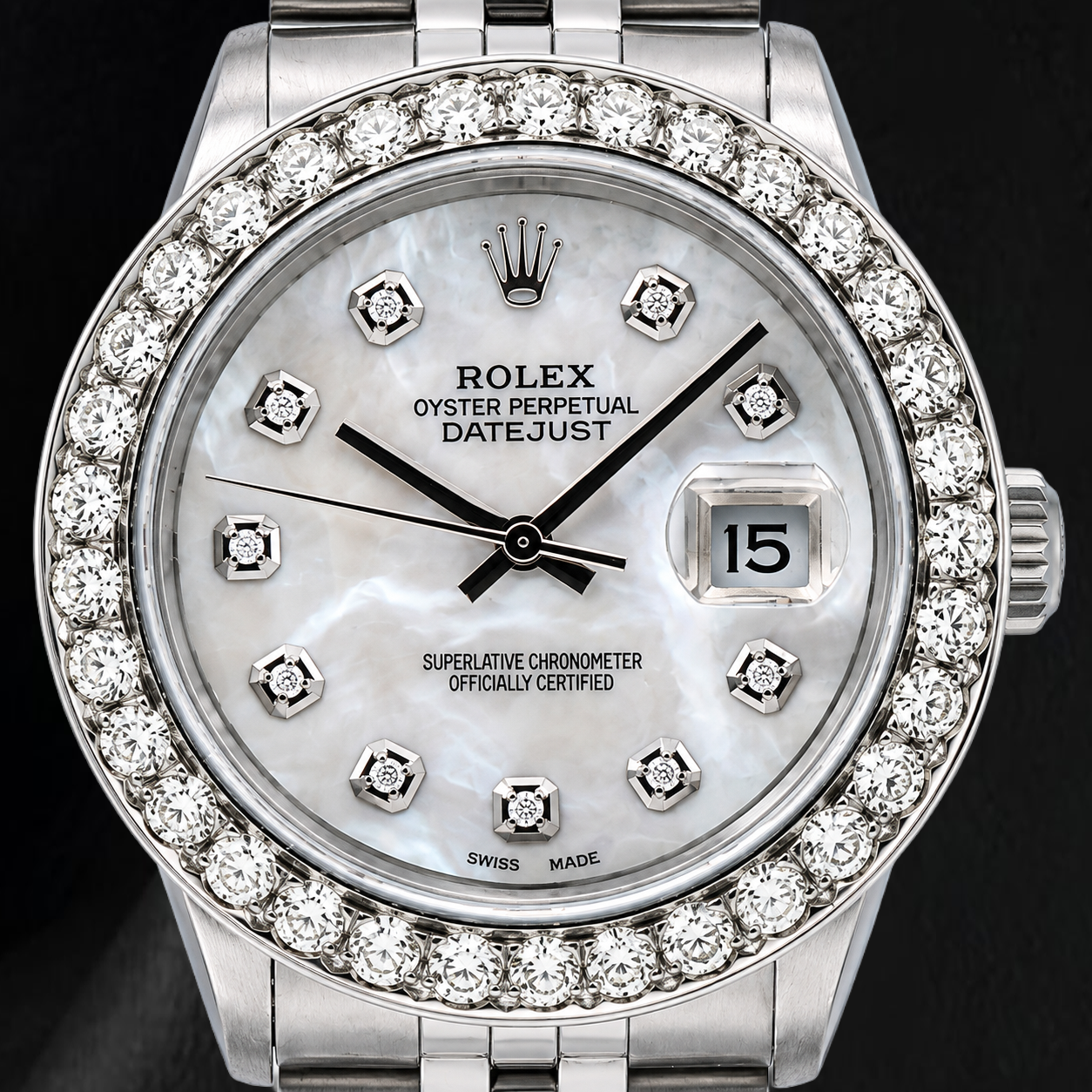 Rolex Datejust 16014 36 mm Uhr aus Edelstahl mit weißem Perlmutt-Diamantzifferblatt
