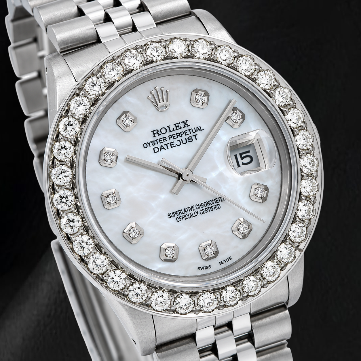 Rolex Datejust 16014 36 mm Uhr aus Edelstahl mit weißem Perlmutt-Diamantzifferblatt