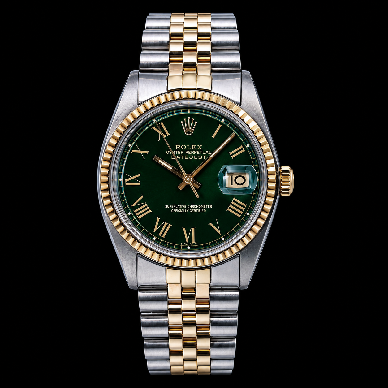 Rolex Datejust 1601 36 mm Bicolor-Uhr mit grünem Zifferblatt und römischen Ziffern