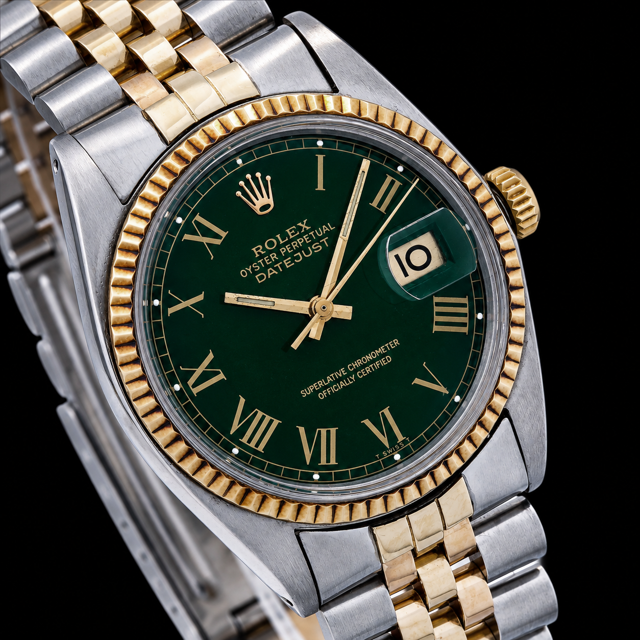 Rolex Datejust 1601 36 mm Bicolor-Uhr mit grünem Zifferblatt und römischen Ziffern