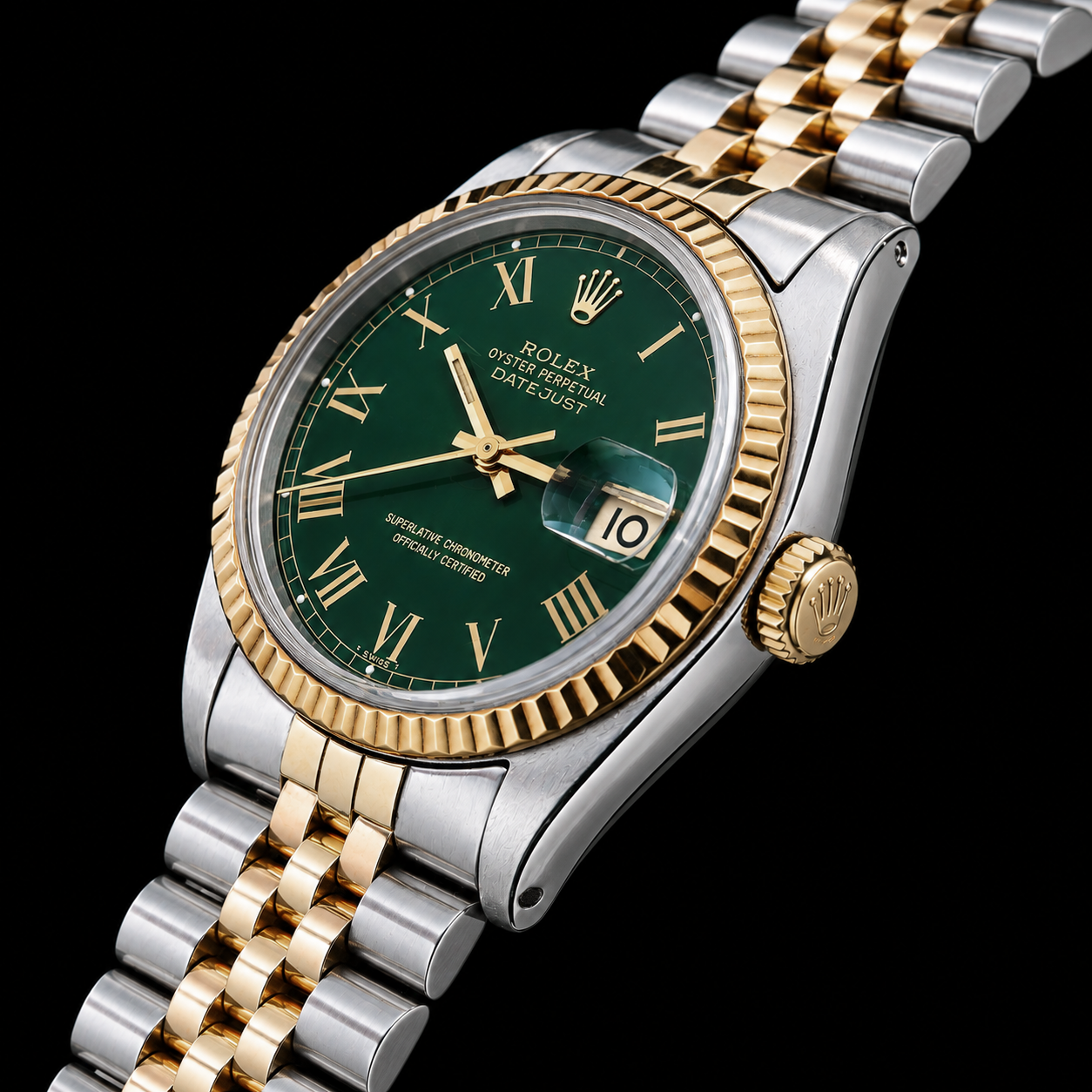Rolex Datejust 1601 36 mm Bicolor-Uhr mit grünem Zifferblatt und römischen Ziffern