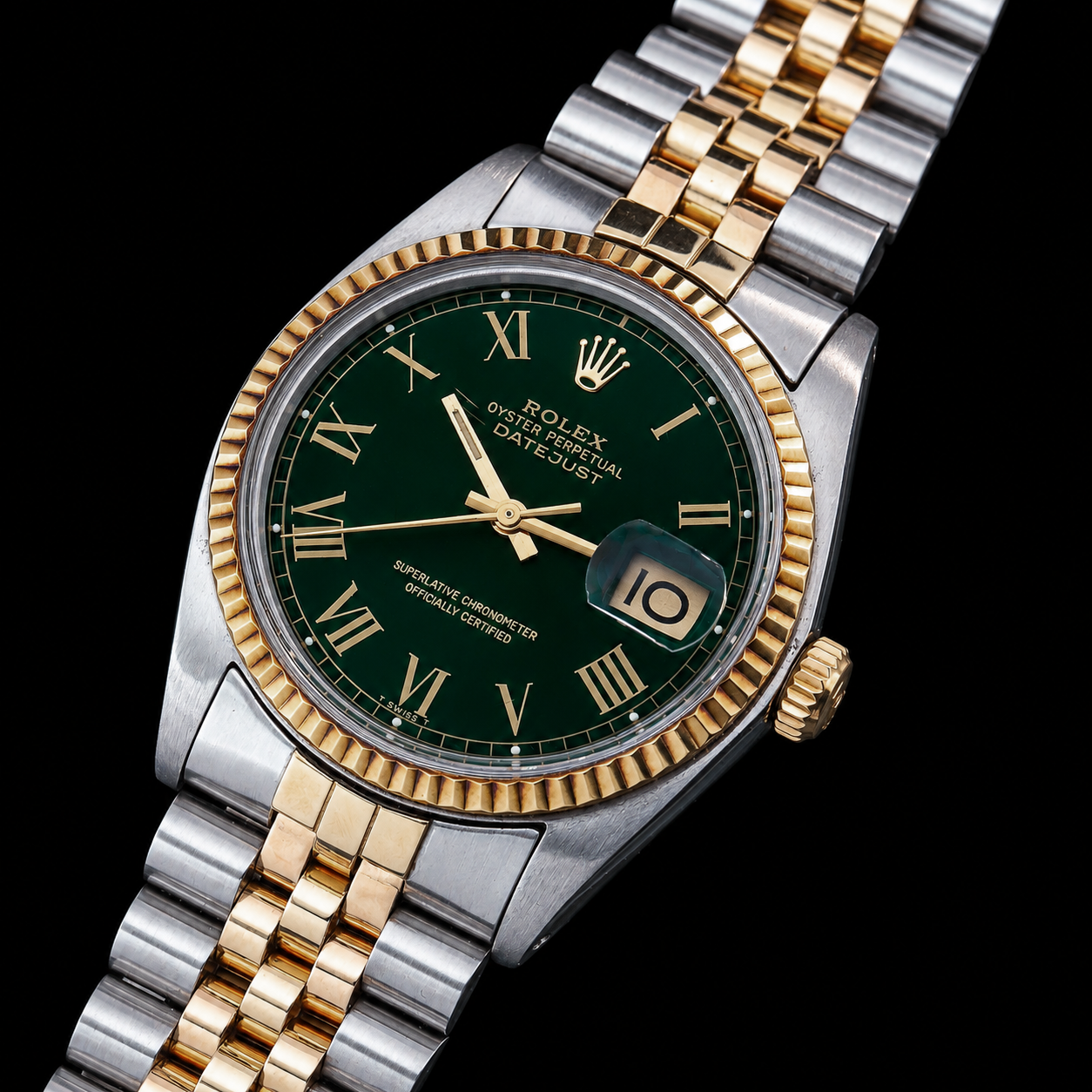 Rolex Datejust 1601 36 mm Bicolor-Uhr mit grünem Zifferblatt und römischen Ziffern