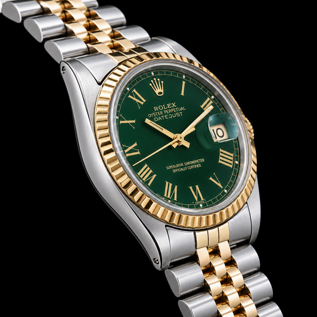 Rolex Datejust 1601 36 mm Bicolor-Uhr mit grünem Zifferblatt und römischen Ziffern