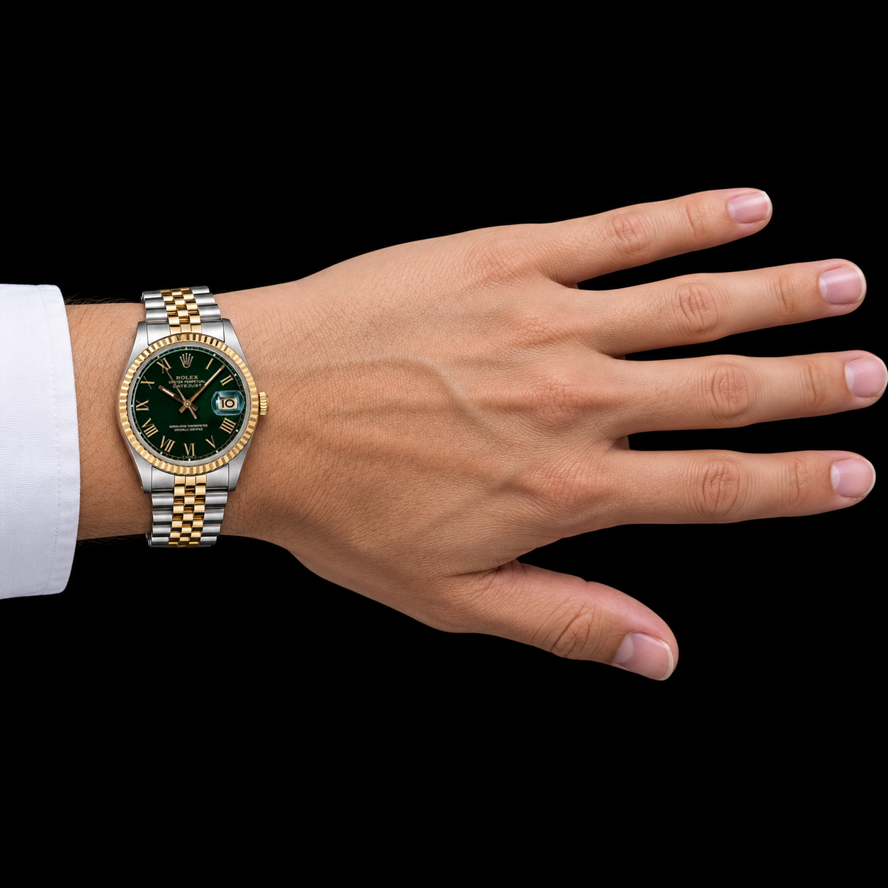 Rolex Datejust 1601 36 mm Bicolor-Uhr mit grünem Zifferblatt und römischen Ziffern