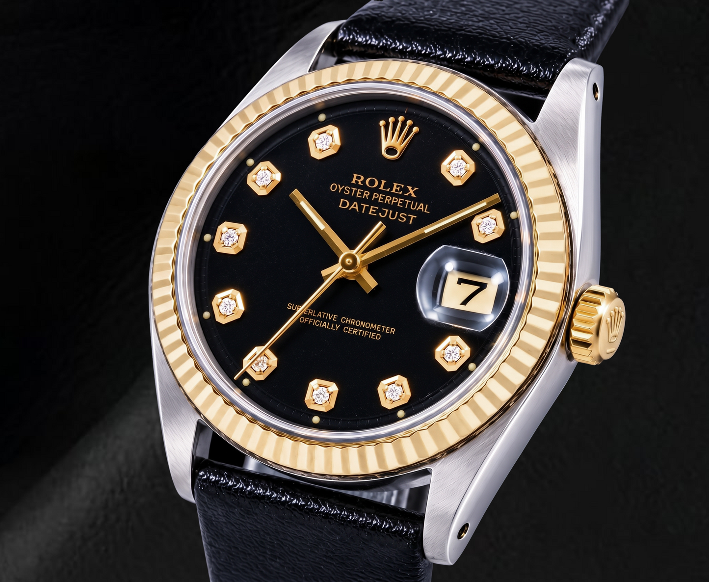 Rolex Datejust 1601 36 mm Bicolor Uhr mit schwarzem Diamantzifferblatt und schwarzem Lederarmband