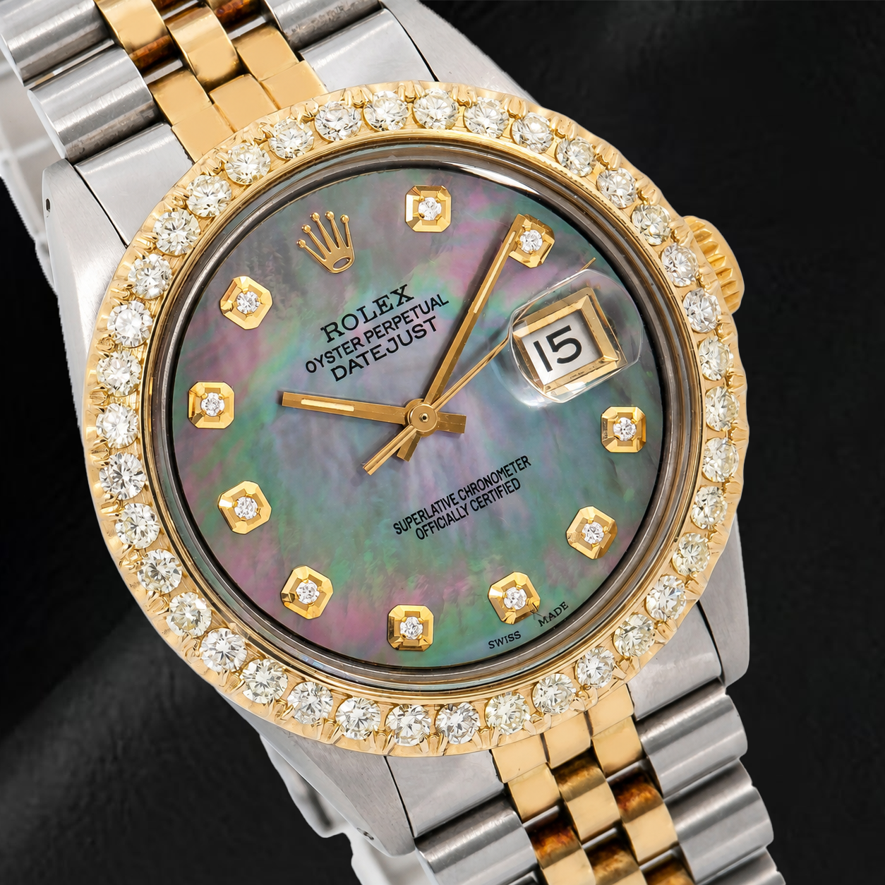 Rolex Datejust 1601 36 mm Schwarzes Perlmutt-Diamantzifferblatt Bicolor-Uhr