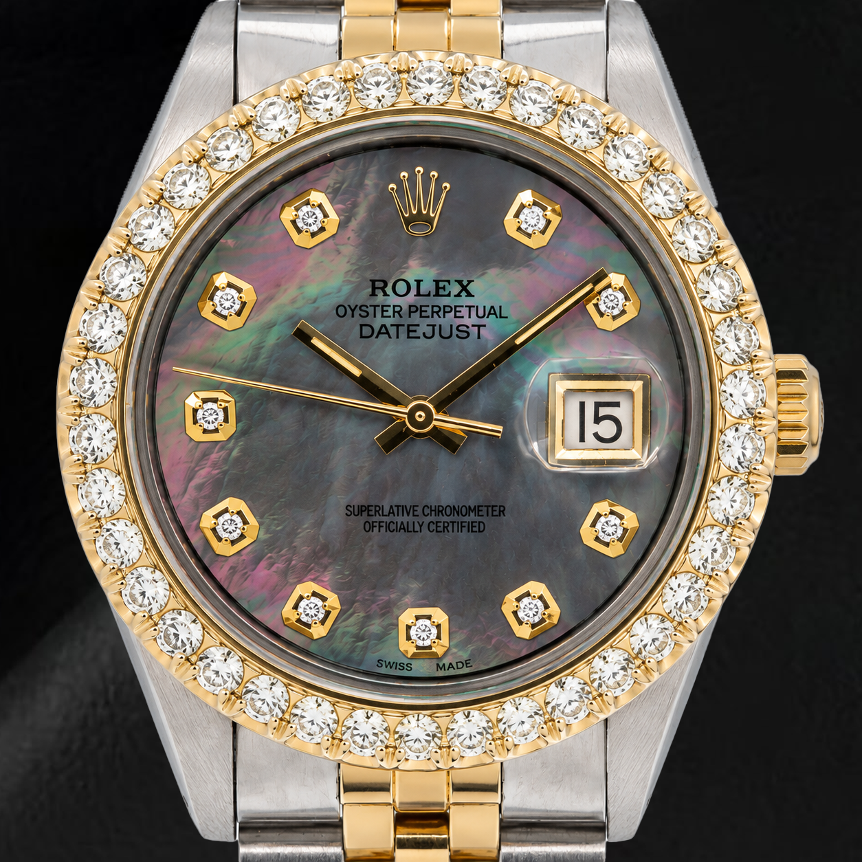 Rolex Datejust 1601 36 mm Schwarzes Perlmutt-Diamantzifferblatt Bicolor-Uhr