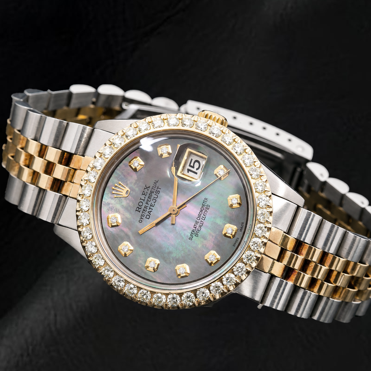 Rolex Datejust 1601 36 mm Schwarzes Perlmutt-Diamantzifferblatt Bicolor-Uhr