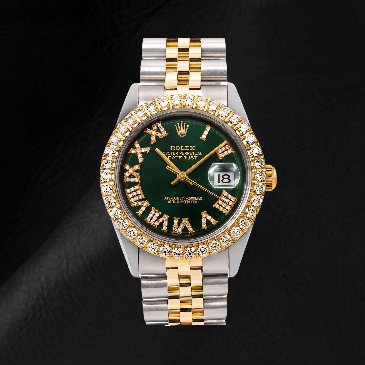 Rolex Datejust 1601 36 mm Bicolor Uhr mit schwarzem Diamantzifferblatt und römischen Ziffern