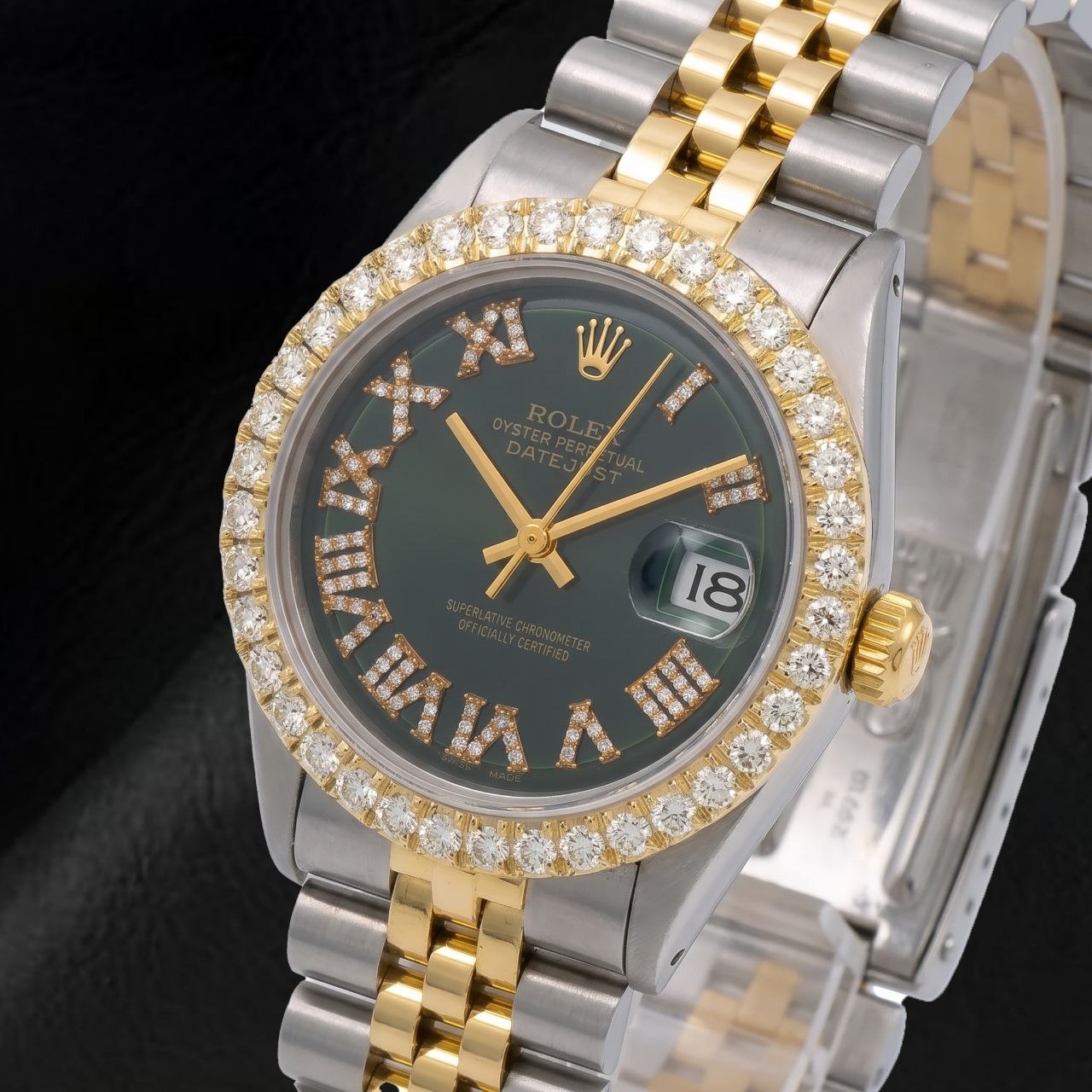 Rolex Datejust 1601 36 mm Bicolor Uhr mit schwarzem Diamantzifferblatt und römischen Ziffern