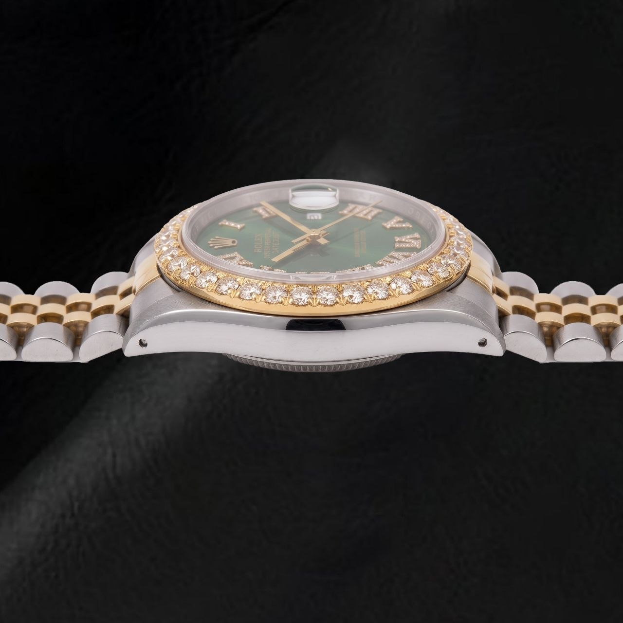 Rolex Datejust 1601 36 mm Bicolor Uhr mit schwarzem Diamantzifferblatt und römischen Ziffern