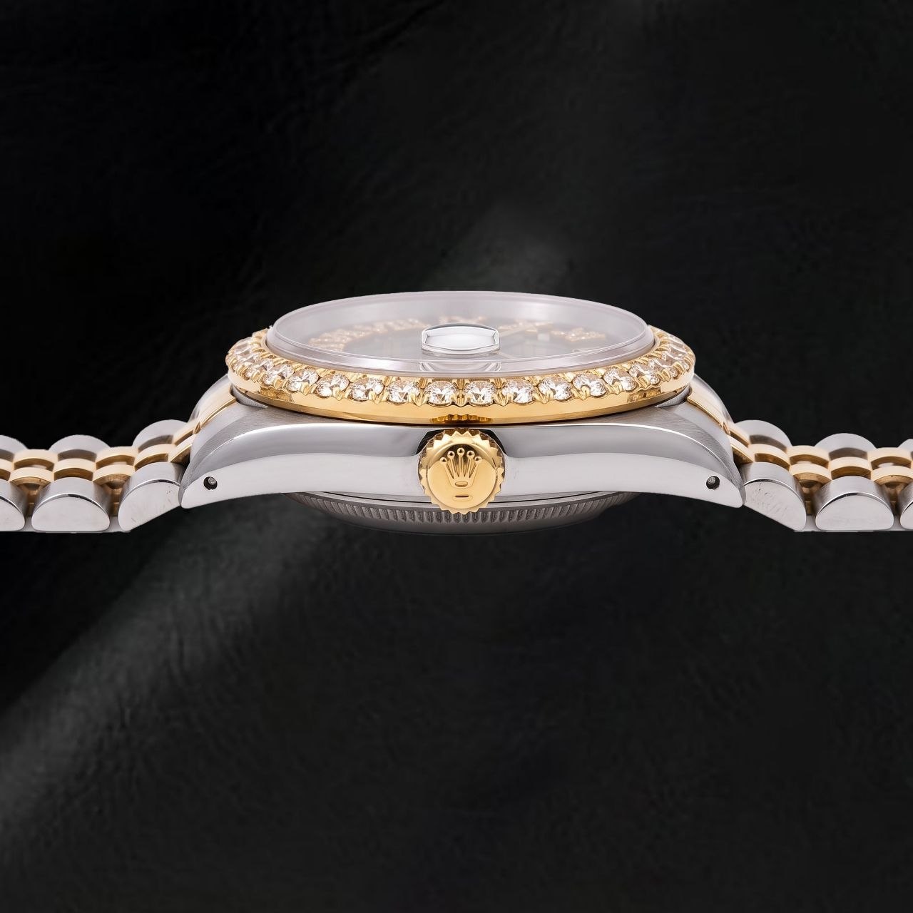 Rolex Datejust 1601 36 mm Bicolor Uhr mit schwarzem Diamantzifferblatt und römischen Ziffern