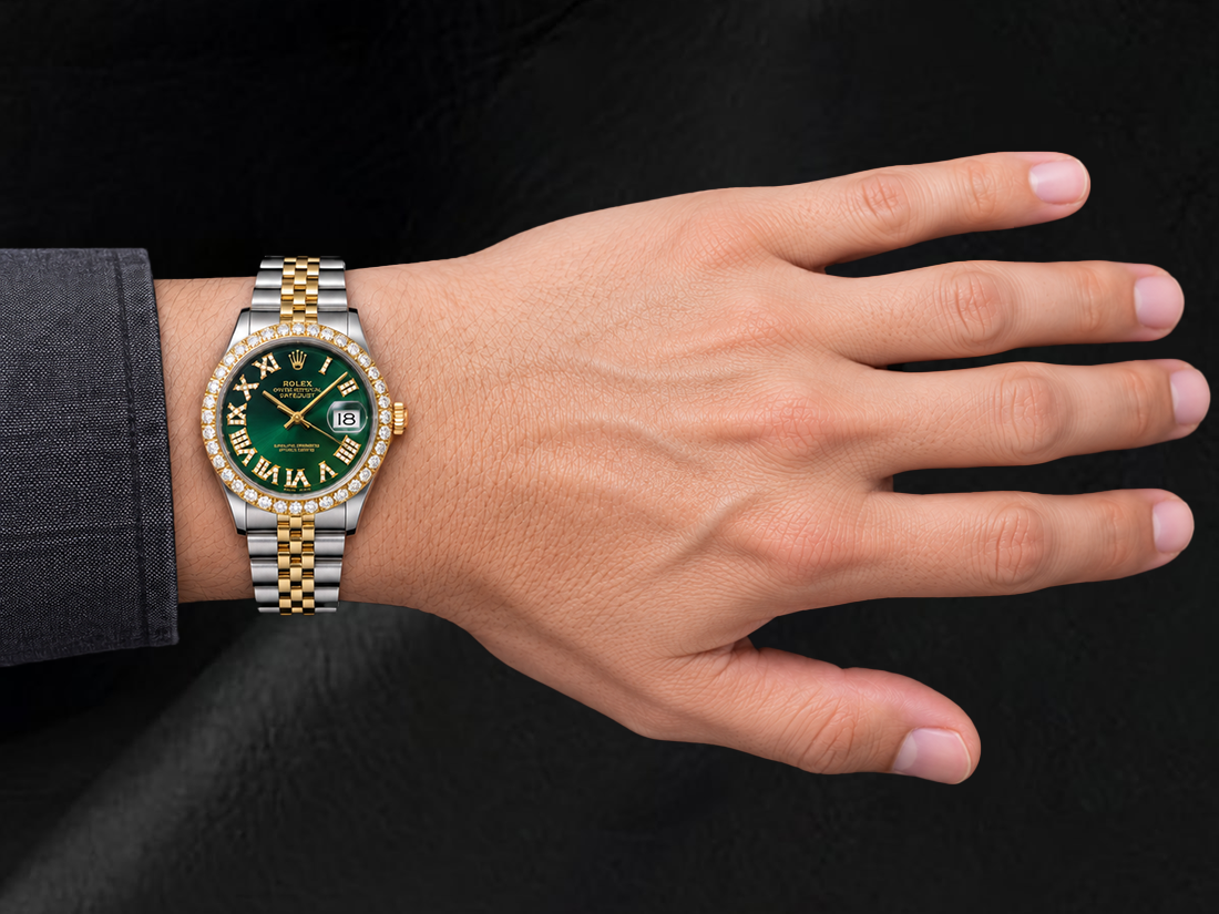 Rolex Datejust 1601 36 mm Bicolor Uhr mit schwarzem Diamantzifferblatt und römischen Ziffern