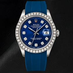 Rolex Datejust 1601 36 mm Uhr mit blauem Diamantzifferblatt und blauem Kautschukarmband
