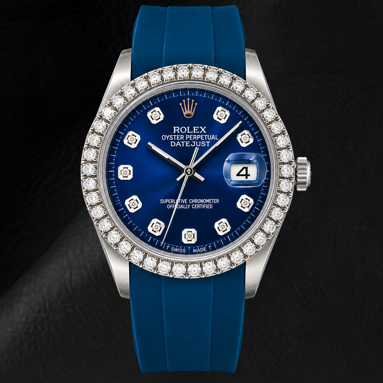 Rolex Datejust 1601 36 mm Uhr mit blauem Diamantzifferblatt und blauem Kautschukarmband