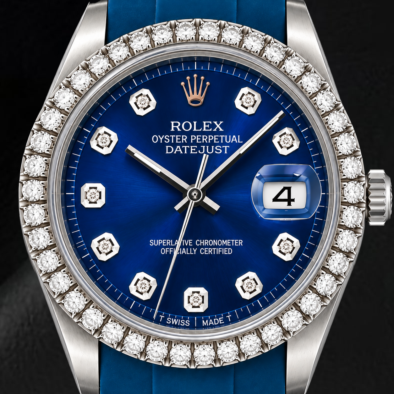 Rolex Datejust 1601 36 mm Uhr mit blauem Diamantzifferblatt und blauem Kautschukarmband