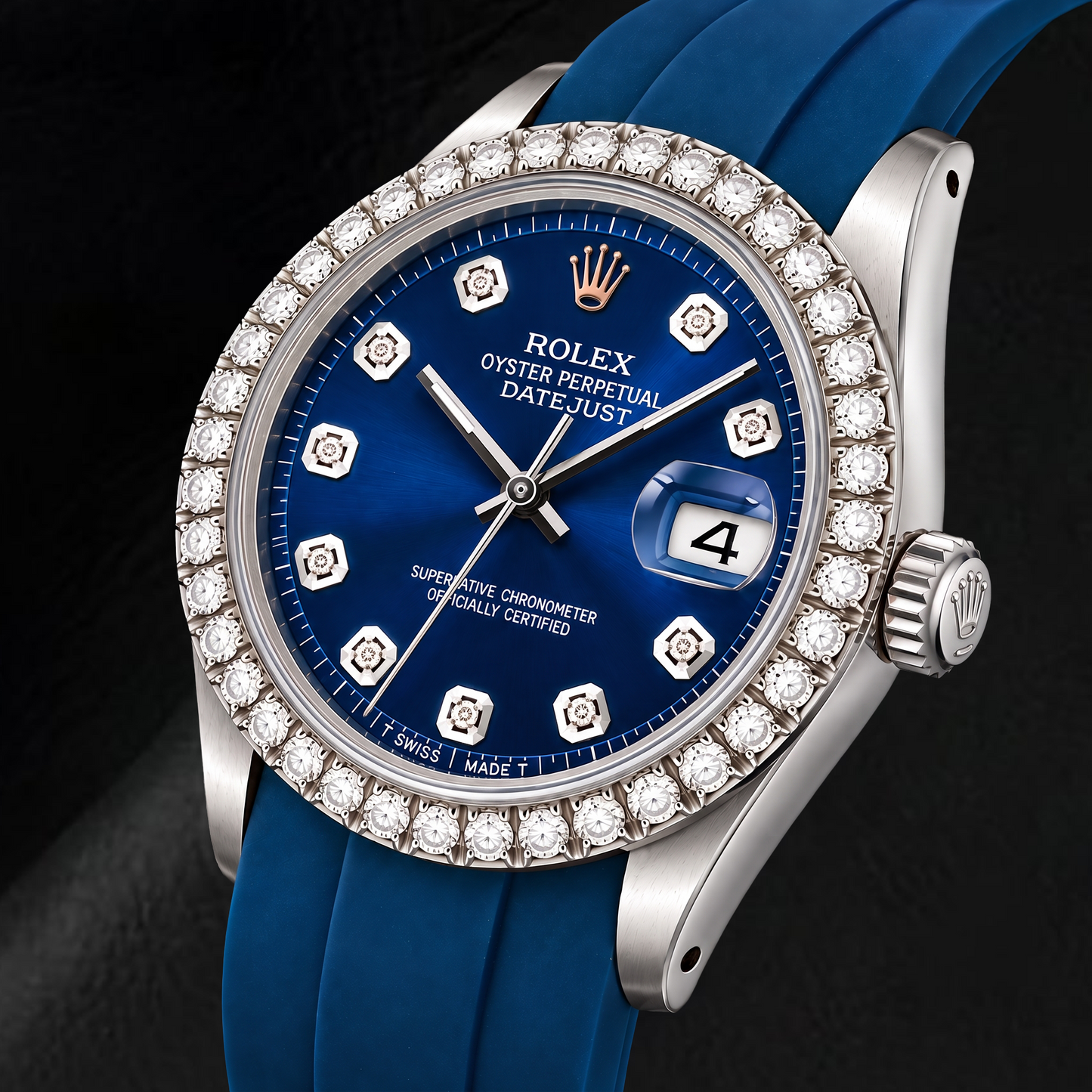 Rolex Datejust 1601 36 mm Uhr mit blauem Diamantzifferblatt und blauem Kautschukarmband