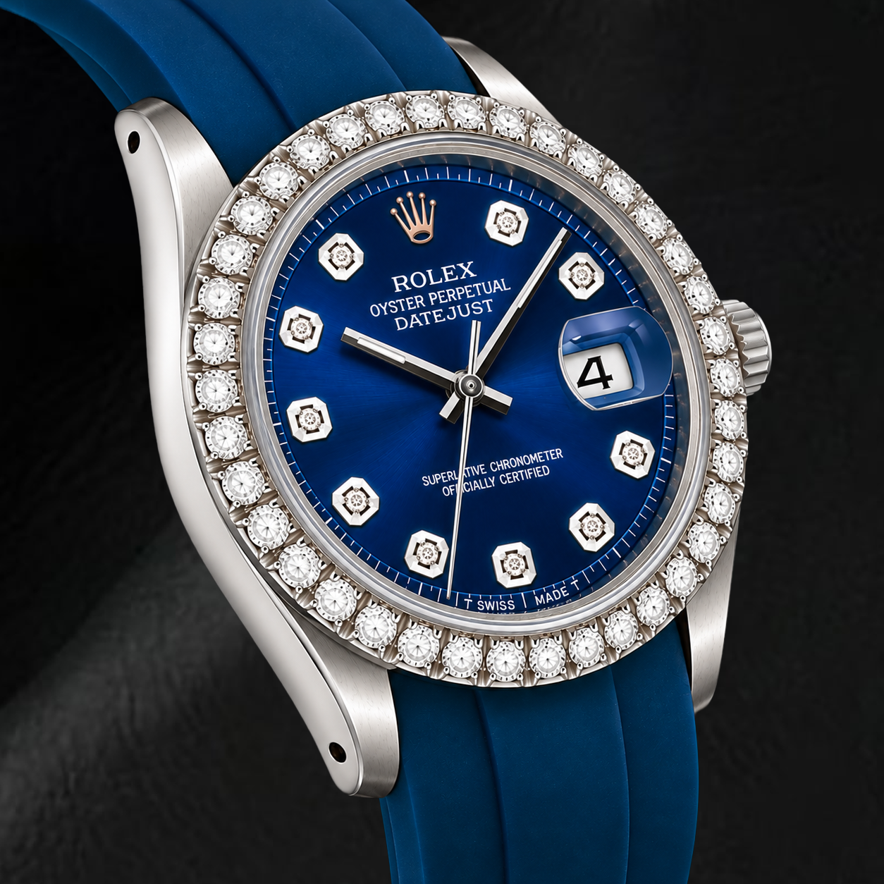 Rolex Datejust 1601 36 mm Uhr mit blauem Diamantzifferblatt und blauem Kautschukarmband