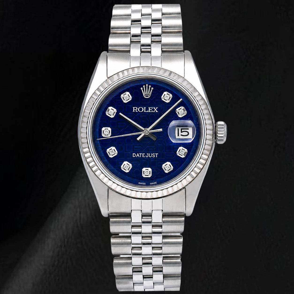 Rolex Datejust 1601 36 mm Edelstahluhr mit blauem Diamantzifferblatt und Jubilé-Armband