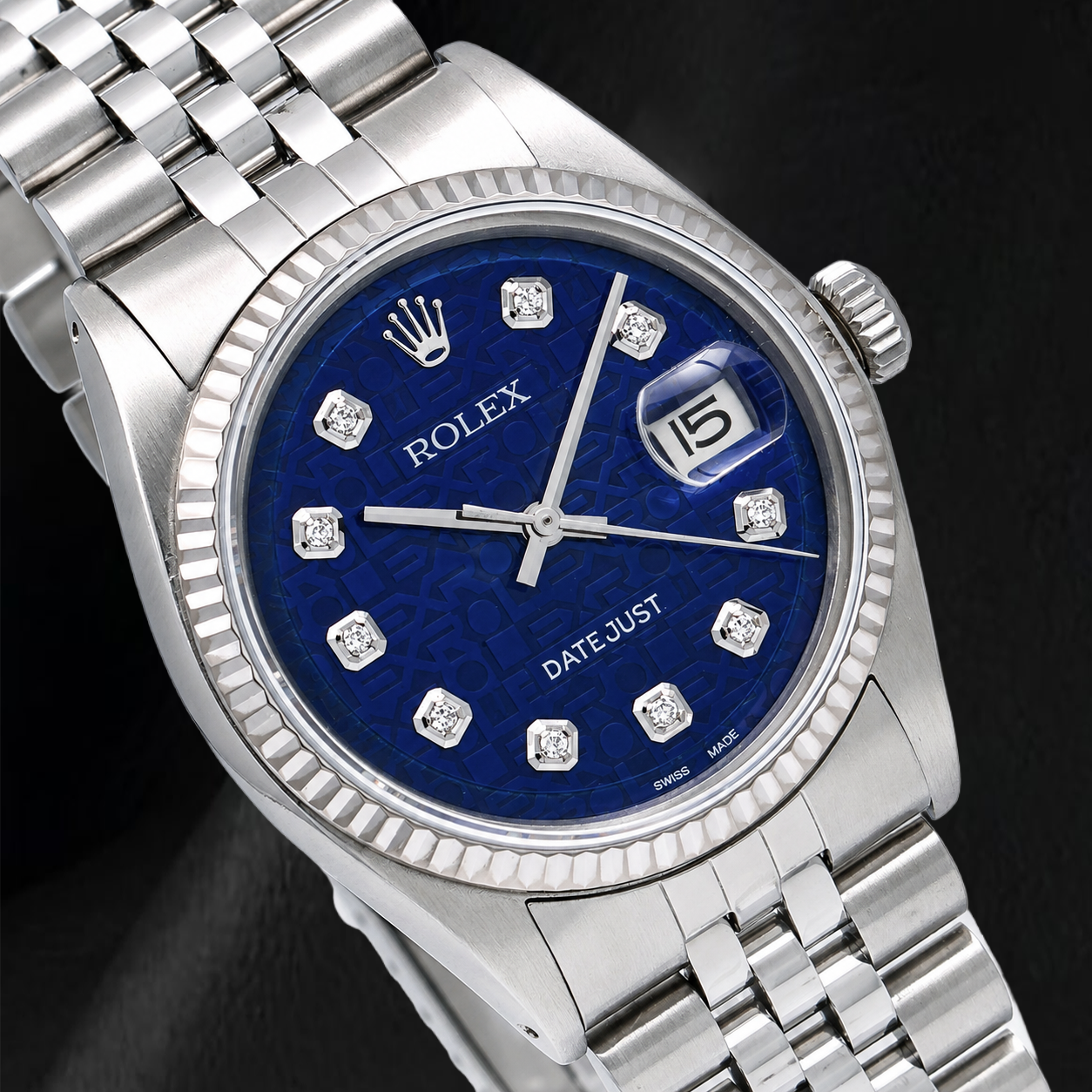 Rolex Datejust 1601 36 mm Edelstahluhr mit blauem Diamantzifferblatt und Jubilé-Armband
