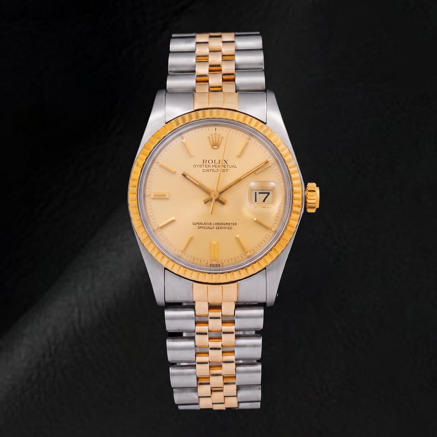 Rolex Datejust 1601 36 mm Bicolor-Uhr mit champagnerfarbenem Zifferblatt mit Stabindizes