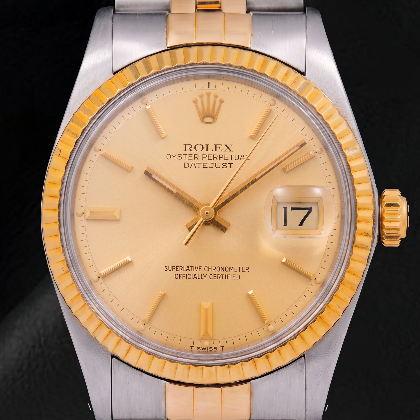 Rolex Datejust 1601 36 mm Bicolor-Uhr mit champagnerfarbenem Zifferblatt mit Stabindizes