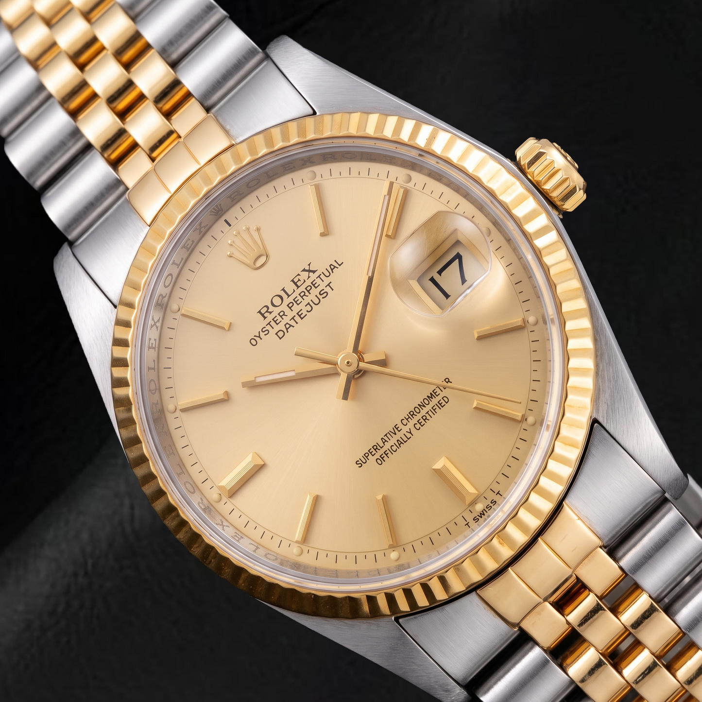 Rolex Datejust 1601 36 mm Bicolor-Uhr mit champagnerfarbenem Zifferblatt mit Stabindizes