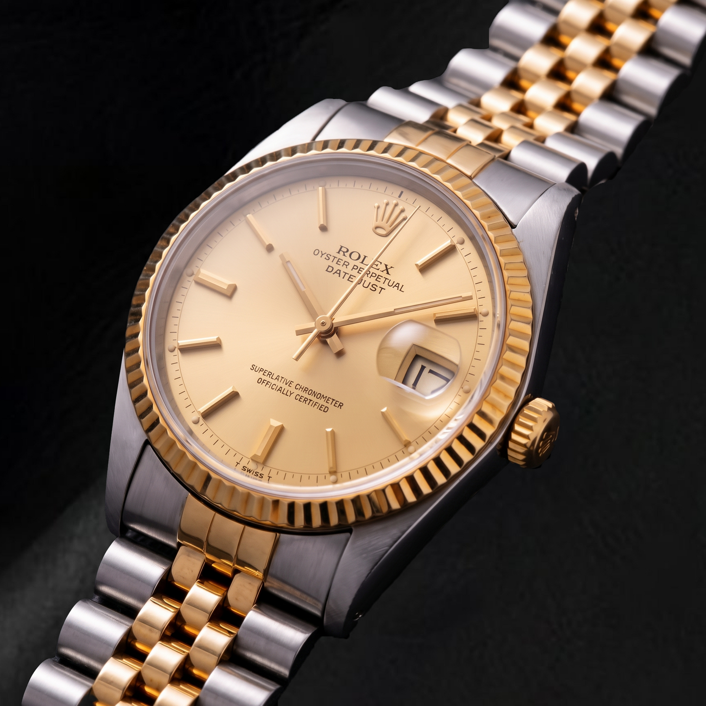 Rolex Datejust 1601 36 mm Bicolor-Uhr mit champagnerfarbenem Zifferblatt mit Stabindizes