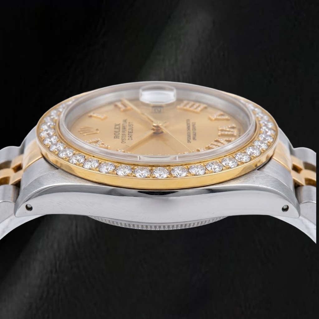 Rolex Datejust 1601 36 mm Bicolor Uhr mit champagnerfarbenem Diamantzifferblatt und römischen Ziffern