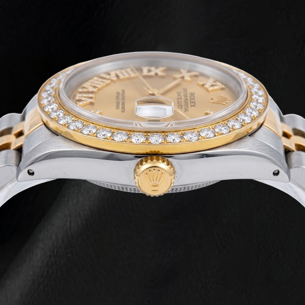 Rolex Datejust 1601 36 mm Bicolor Uhr mit champagnerfarbenem Diamantzifferblatt und römischen Ziffern