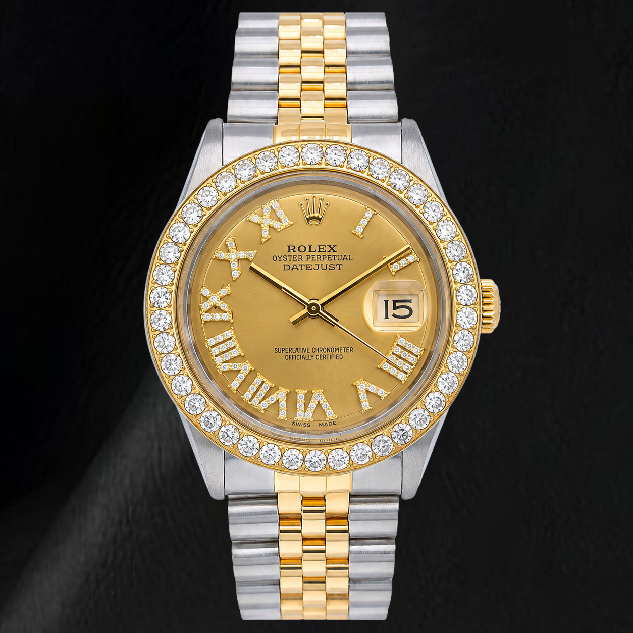 Rolex Datejust 1601 36 mm Bicolor Uhr mit champagnerfarbenem Diamantzifferblatt und römischen Ziffern