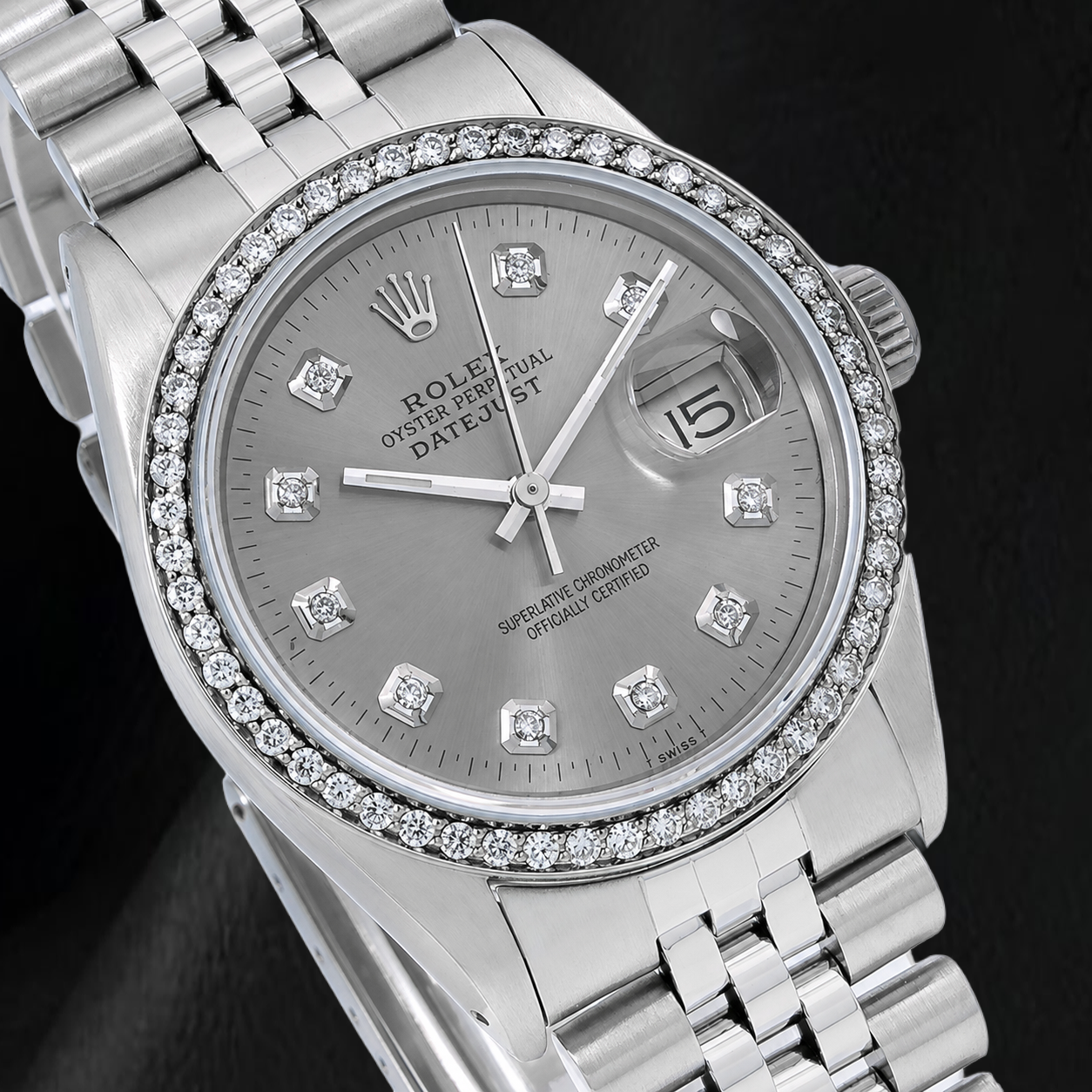 Rolex Datejust 1601 36 mm Edelstahl Uhr mit grauem Diamantzifferblatt