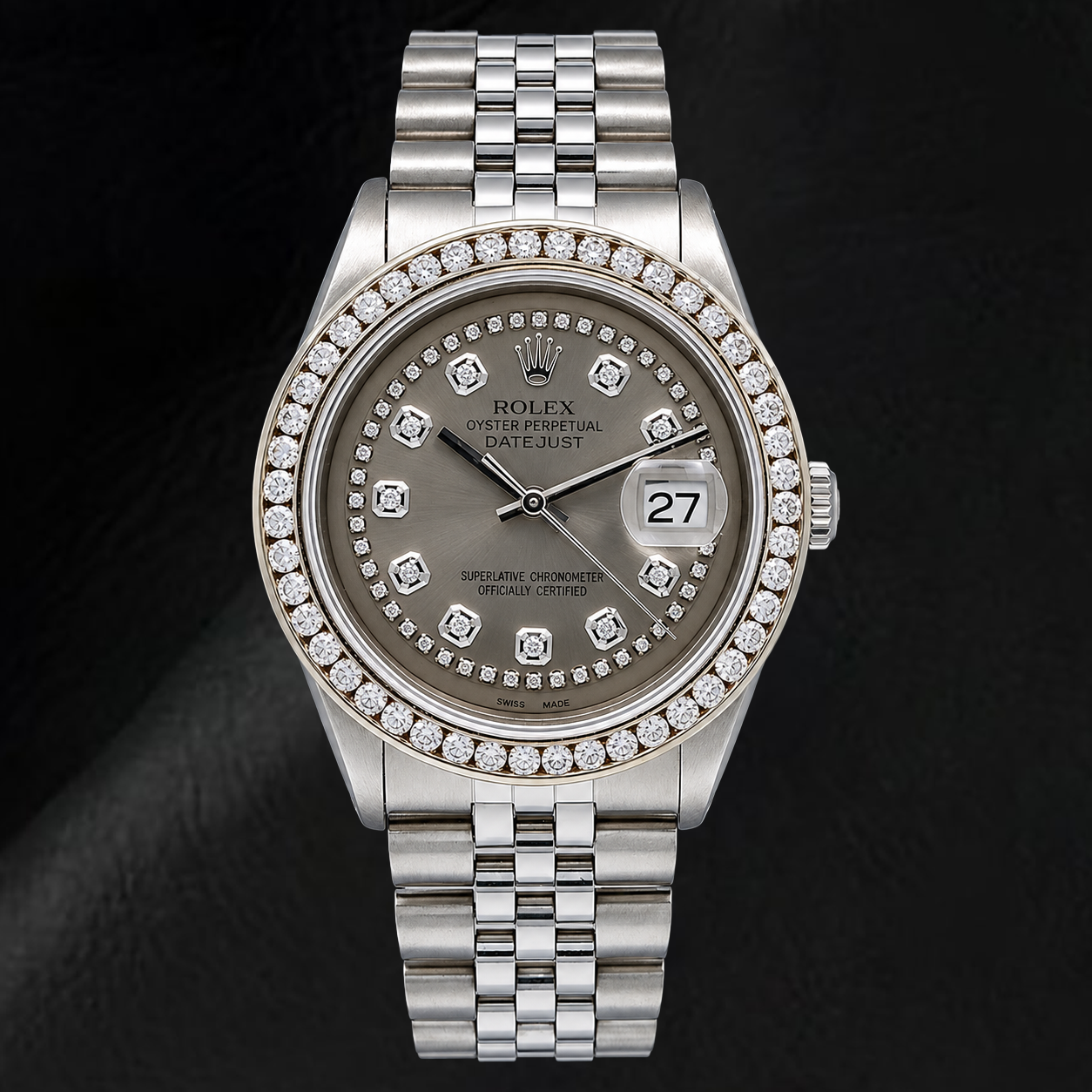 Rolex Datejust 1601 36 mm Edelstahl-Uhr mit grauem Diamantzifferblatt mit Diamantkranz
