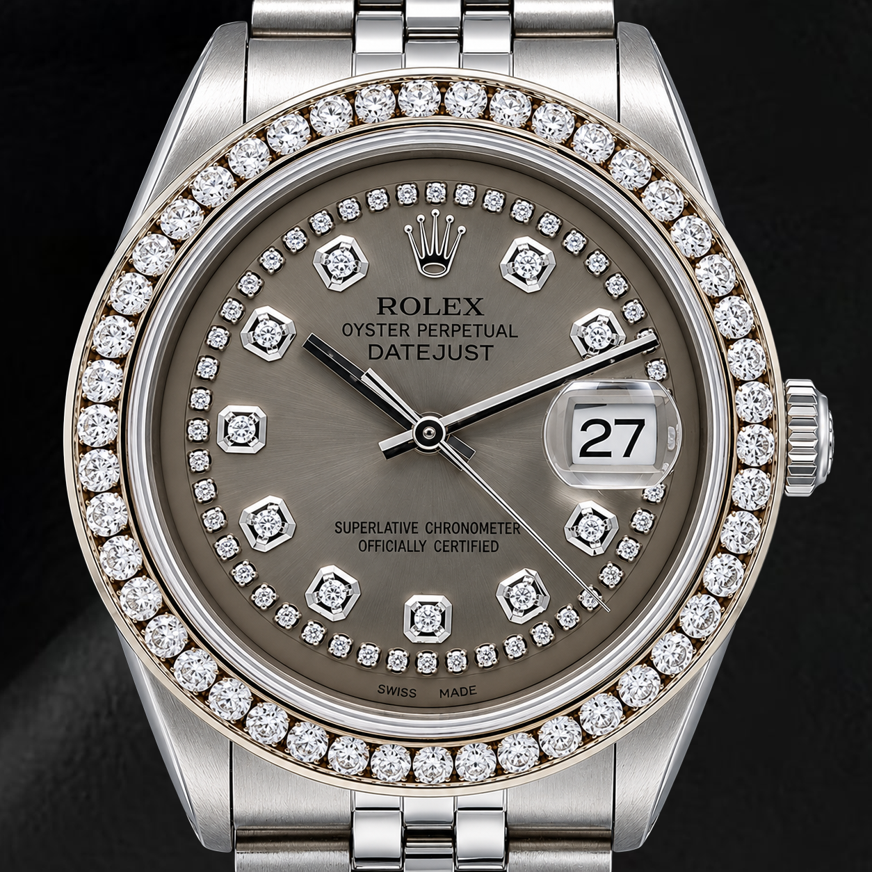 Rolex Datejust 1601 36 mm Edelstahl-Uhr mit grauem Diamantzifferblatt mit Diamantkranz