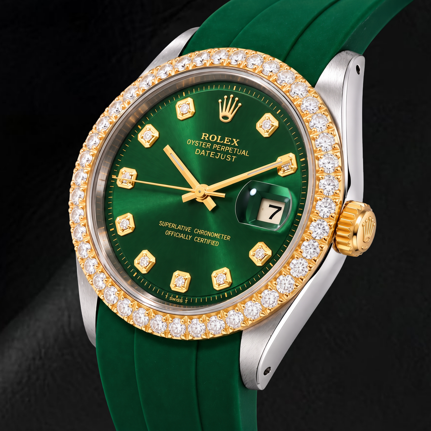 Rolex Datejust 1601 36 mm Bicolor Uhr mit grünem Diamantzifferblatt und grünem Kautschukarmband