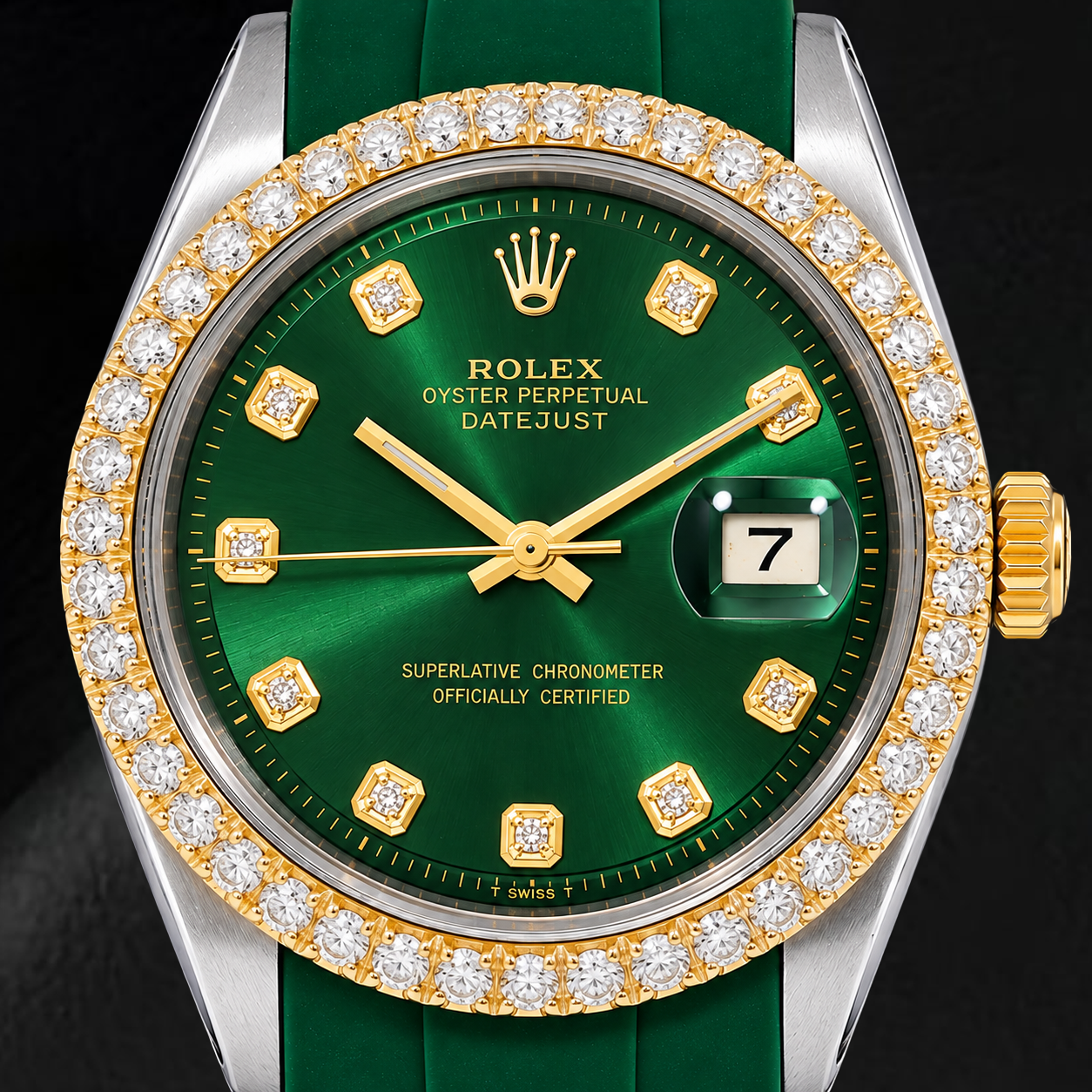 Rolex Datejust 1601 36 mm Bicolor Uhr mit grünem Diamantzifferblatt und grünem Kautschukarmband