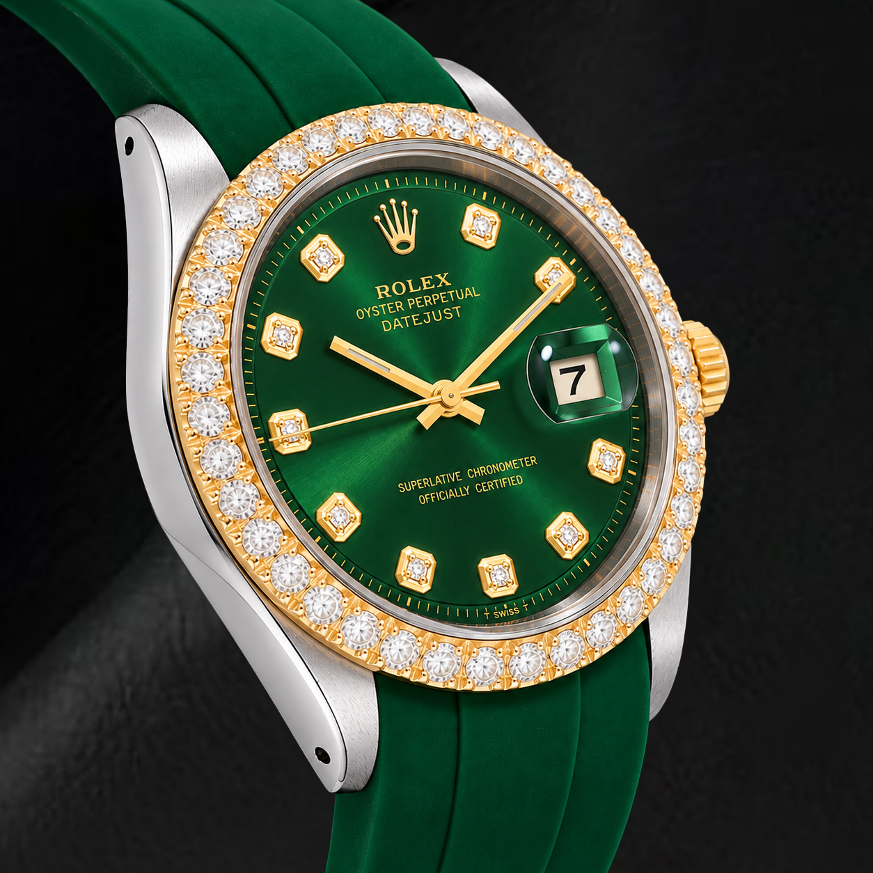 Rolex Datejust 1601 36 mm Bicolor Uhr mit grünem Diamantzifferblatt und grünem Kautschukarmband