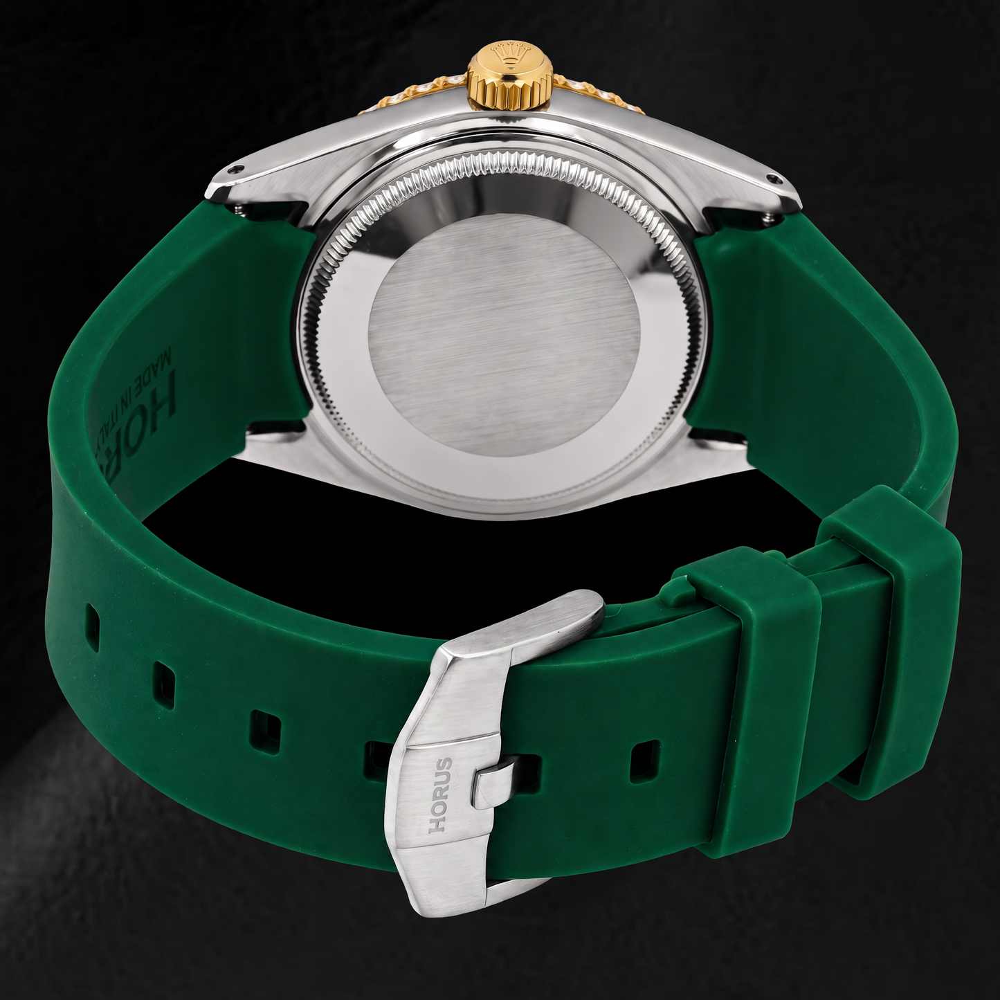 Rolex Datejust 1601 36 mm Bicolor Uhr mit grünem Diamantzifferblatt und grünem Kautschukarmband