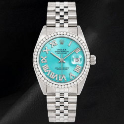 Rolex Datejust 1601 36 mm Edelstahluhr mit türkisfarbenem Diamantzifferblatt und römischen Ziffern