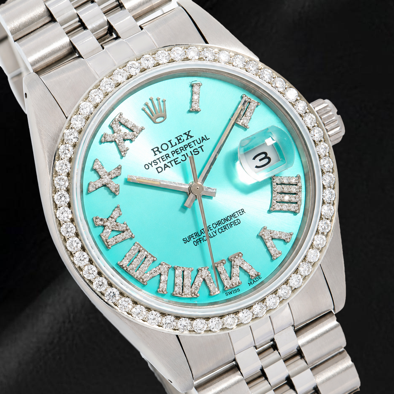 Rolex Datejust 1601 36 mm Edelstahluhr mit türkisfarbenem Diamantzifferblatt und römischen Ziffern