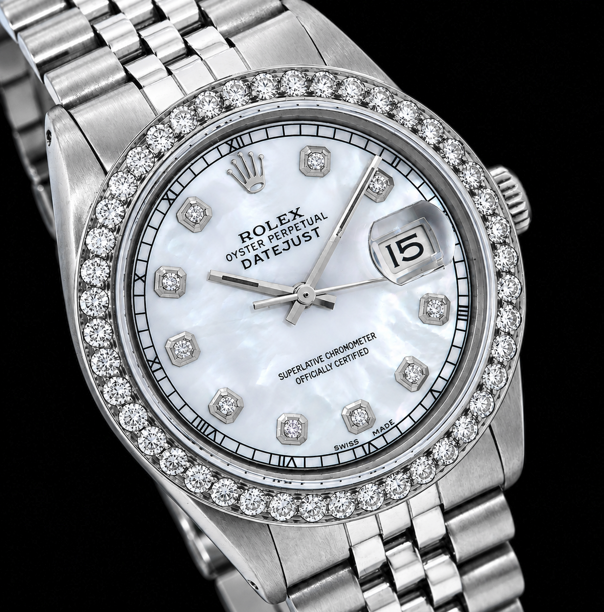 Rolex Datejust 1601 36 mm Uhr aus Edelstahl mit Diamantzifferblatt aus weißem Perlmutt