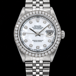 Rolex Datejust 1601 36 mm Uhr aus Edelstahl mit Diamantzifferblatt aus weißem Perlmutt