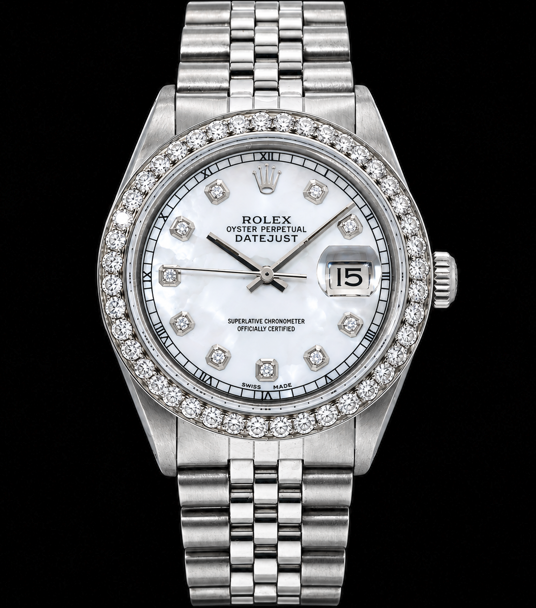 Rolex Datejust 1601 36 mm Uhr aus Edelstahl mit Diamantzifferblatt aus weißem Perlmutt