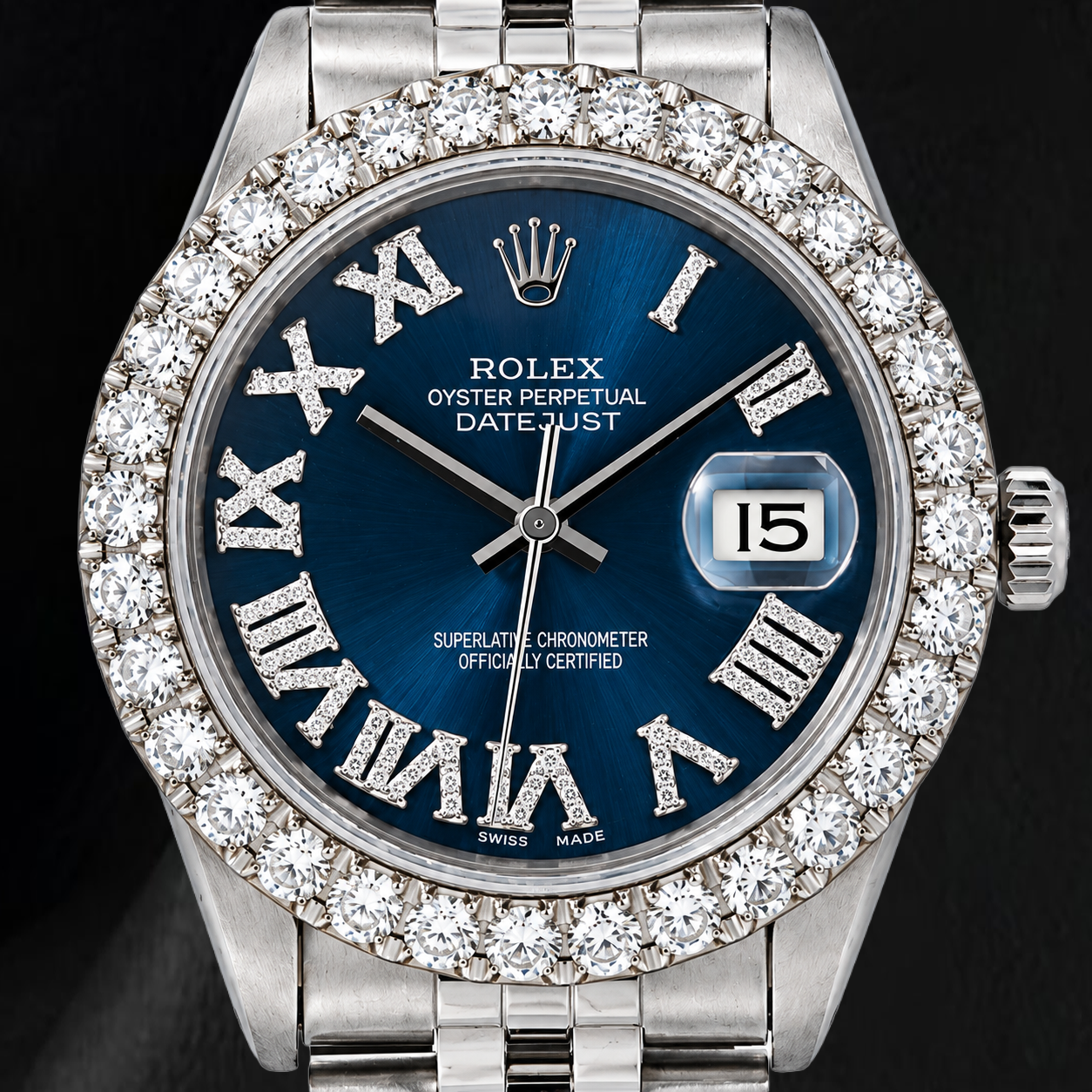 Rolex Datejust 16030 31 mm Uhr aus Edelstahl mit blauem römischen Diamantzifferblatt