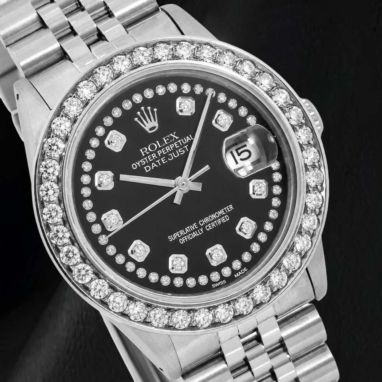 Rolex Datejust 16030 36 mm Edelstahluhr mit schwarzem Diamantzifferblatt mit Diamantkranz