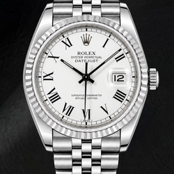Rolex Datejust 1603 36 mm Edelstahl-Uhr mit weißem Zifferblatt und römischen Ziffern