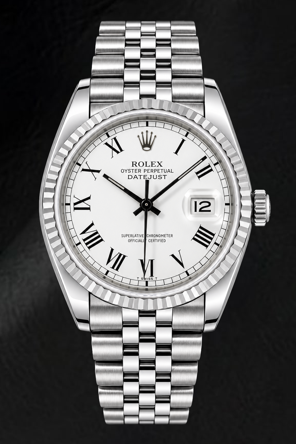 Rolex Datejust 1603 36 mm Edelstahl-Uhr mit weißem Zifferblatt und römischen Ziffern