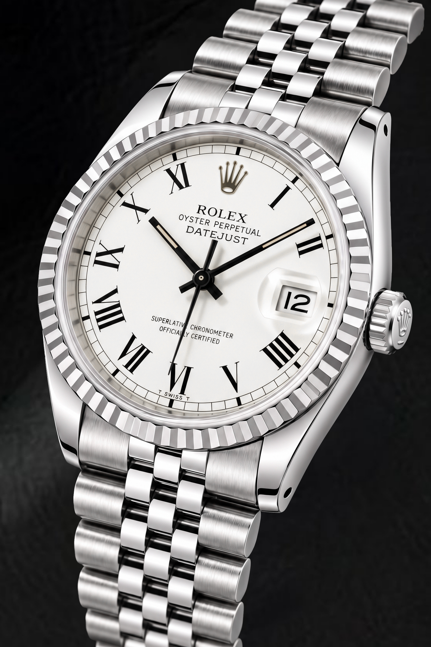 Rolex Datejust 1603 36 mm Edelstahl-Uhr mit weißem Zifferblatt und römischen Ziffern