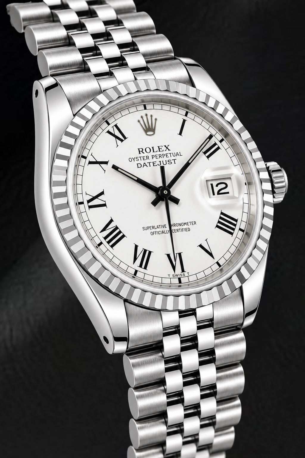 Rolex Datejust 1603 36 mm Edelstahl-Uhr mit weißem Zifferblatt und römischen Ziffern